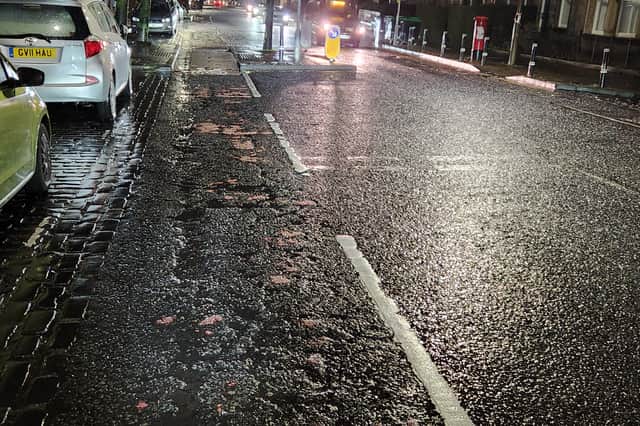 A rutted section of cycle lane on McDonald Road in Edinburgh