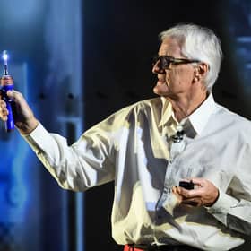 Inventor Sir James Dyson, founder of Dyson, takes to the stage in Paris last month to unveil the new Dyson CameraJet toothbrush. Picture: Doug Peters Media Assignments