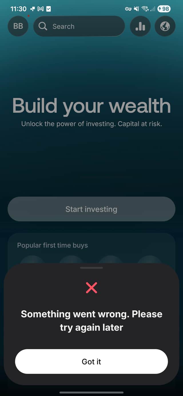 A screenshot taken from the Revolut finance app, showing an error.