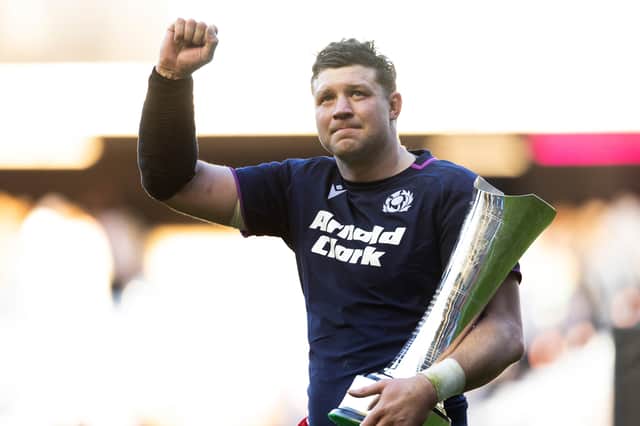 Grant Gilchrist with the Auld Alliance trophy after Scotland's win over France in the Guinness Six Nations at Scottish Gas Murrayfield, on March 7, 2026.