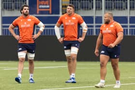 Grant Gilchrist, centre, during an Edinburgh Rugby training session at Hive Stadium, alongside Marshall Sykes, left, and Pierre Schoeman.