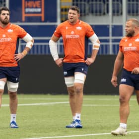 Grant Gilchrist, centre, during an Edinburgh Rugby training session at Hive Stadium, alongside Marshall Sykes, left, and Pierre Schoeman.