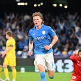 Scott McTominay celebrates scoring Napoli's second goal in the 4-3 win over Bodo/Glimt in the Champions League. (Photo by Alberto PIZZOLI / AFP via Getty Images)