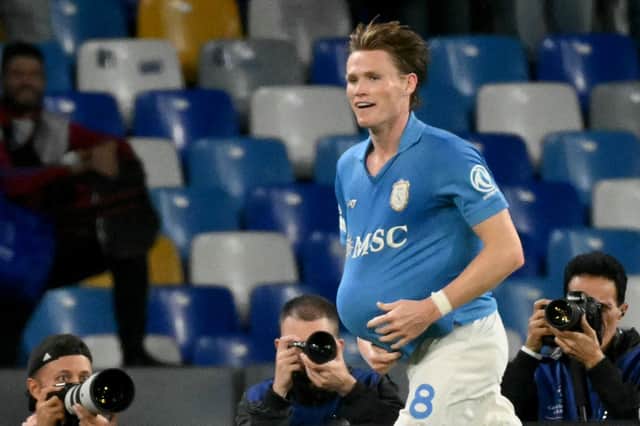 Scott McTominay celebrates Napoli's third goal during the 4-3 win over Bodo/Glimt in the Champions League. (Photo by Alberto PIZZOLI / AFP via Getty Images)