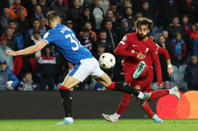Mohamed Salah scores his hat-trick goal in Liverpool's 7-1 win over Rangers in the Uefa Champions League group A match at Ibrox Stadium on October 12, 2022.