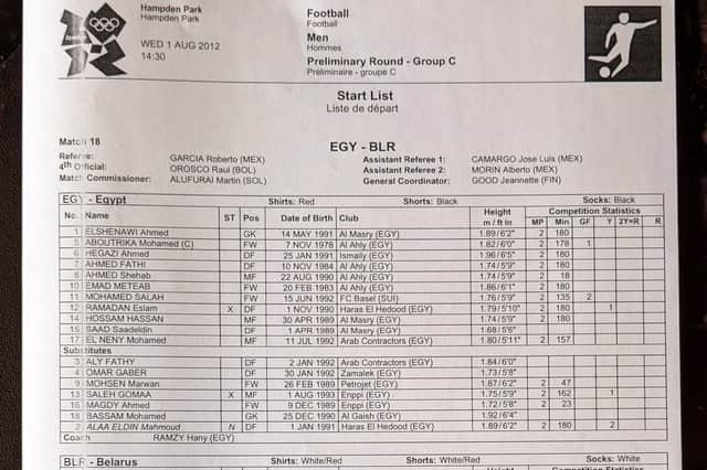 The Egypt team sheet for the game against Belarus at Hampden during the 2012 Olympics. Courtesy of Andy Mitchell.