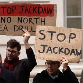 People protest outside the Department for Energy Security and Net Zero in London over the UK government's decision to approve the Jackdaw gas field. Picture: Brook Mitchell