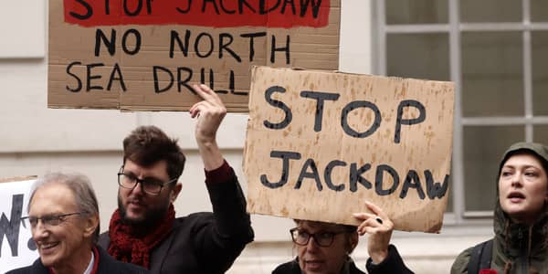 People protest outside the Department for Energy Security and Net Zero in London over the UK government's decision to approve the Jackdaw gas field. Picture: Brook Mitchell