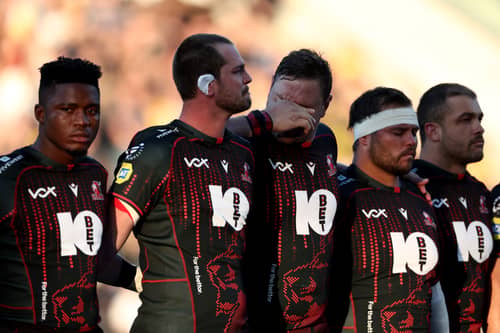 Lions players honour their late team-mate Hyron Andrews ahead of the European Champions Cup match against La Rochelle at the Marcel-Deflandre Stadium in western France, on October 17, 2026.
