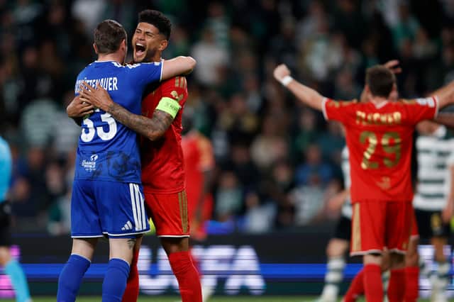 PASK's Tobias Schutzenauer and Andres Andrade Cedeno celebrate their victory over Sporting CP on Wednesday night.