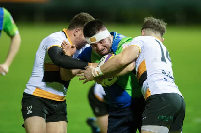 Jerry Blyth-Lafferty, centre, in action for Boroughmuir Bears against Stirling Wolves during a FOSROC Super6 match at Meggetland, on September 30, 2022.