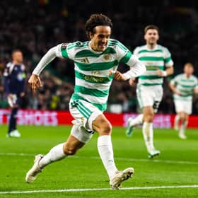 Celtic's Mika Baur celebrates after scoring to make it 1-0 during a UEFA Europa League 2026/2027 League Phase MD3 match against Celta Vigo