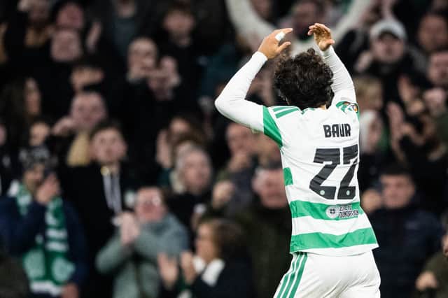 Celtic's Mika Baur celebrates after scoring the opening goal against Celta Vigo in the Europa League