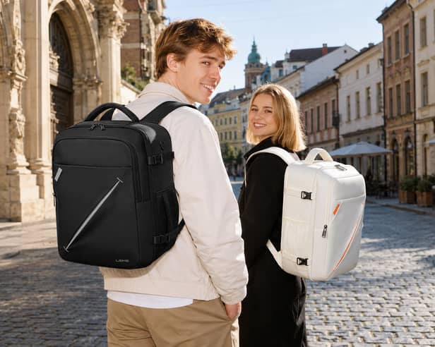 This black expandable cabin backpack has 24-30L of storage, a padded laptop compartment and a suitcase-style opening.