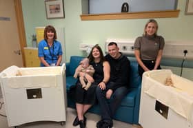 (left to right) Rhonda Hendry, Pre-Pregnancy Midwife at NHS Greater Glasgow and Clyde, Chelsea Turrell and Christian Horn with son Rainbow Reg and Alyssa Ely-Cook from Abi Cooling Cots Family Liaison Coordinator with Abigail's Footsteps