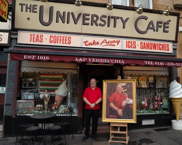 University Cafe owner Gino Verrecchia has been immortalised in a new portrait by fellow Glaswegian Gareth Reid, who previously painted King Charles III 
