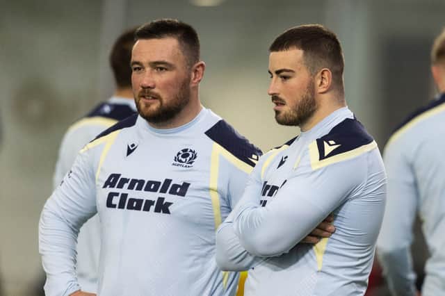 Zander Fagerson (L) and Seb Stephen (R) during a Scottish Rugby training session at the Oriam, on Monday. (Photo by Mark Scates / SNS Group)