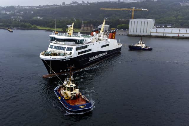 Glen Rosa being moved by tugs from the Ferguson Marine yard in Port Glasgow - where it was launched in 2024 - down the Clyde to Inchgreen in Greenock in July