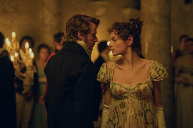 Jack Lowden as Mr Darcy and Emma Corrin as Elizabeth Bennet in Pride and Prejudice.