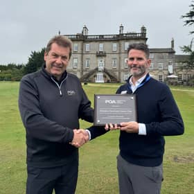 David Longmuir, the PGA in Scotland regional manager, and Craig Waddell, Dalmahoy’s head of golf, mark the announcement of the 2027  Ramsdens Currency Scottish PGA Championship being held at the Kirknewton venue