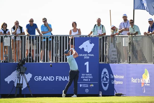On his return to the event after a 22-year gap, Marc Warren hits his opening tee shot in the first round of the HotelPlanner Tour Grand Final at Club de Golf Alcanada 