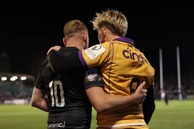 Finn Russell and Henry Pollock after last season's Investec Champions Cup match between Bath and Northampton Saints at the Rec.