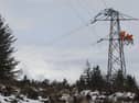 Workers are pictured on a damaged pylon in Kintyre