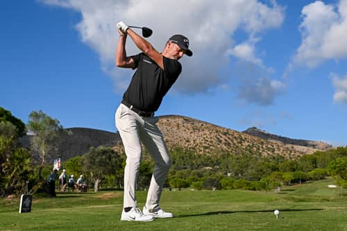 Marc Warren plays his tee shot on the 12th hole on day two of the HotelPlanner Tour’s Grand Final at Club de Golf Alcanada in Port d’Alcudia 