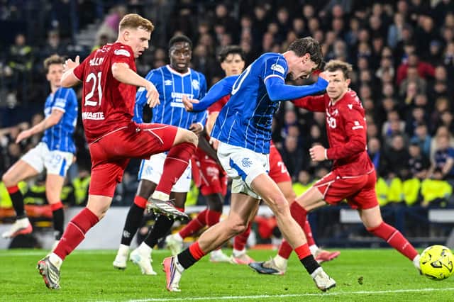 Rangers striker Ryan Naderi scores the winning goal against Aberdeen in the Premier Sports Cup semi-final at Hampden. (Photo by Rob Casey / SNS Group)