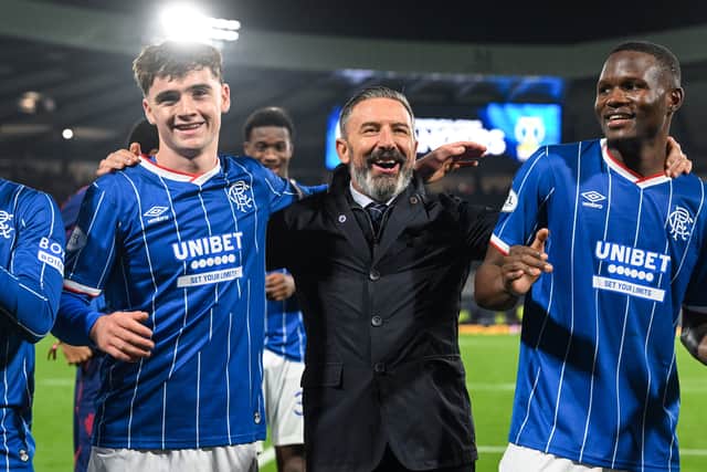 Rangers manager Derek McInnes (centre) celebrates with players Findlay Curtis and Olwethu Makhanya at full time after the 1-0 win over Aberdeen at Hampden. (Photo by Rob Casey / SNS Group)