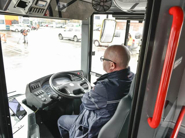 The autonomous bus, being trialled in a depot in Manchester