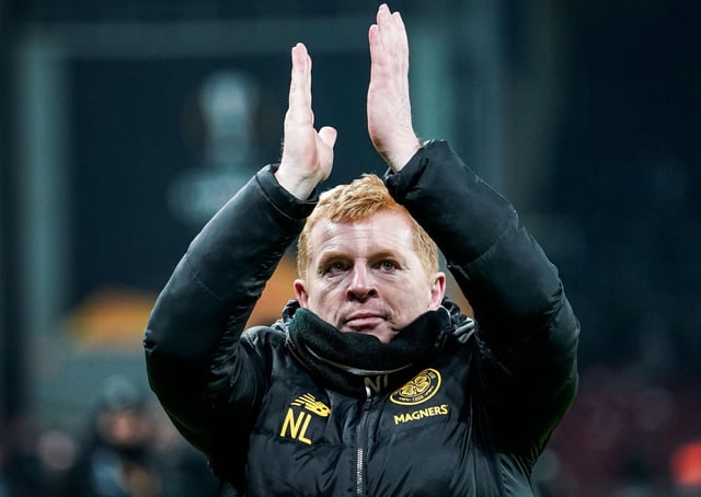 Celtic manager Neil Lennon applauds the travelling Celtic fans in Copenhagen after the 1-1 draw in the Europa League last 32. Picture: Niels Christian Vilmann/AFP via Getty