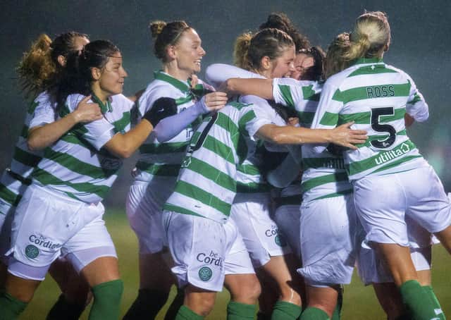 Celtic celebrate Sarah Ewens' equaliser against Glasgow City. Picture: Ross MacDonald / SNS