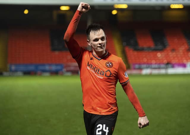 Dundee United's Lawrence Shankland celebrates at full time. Picture: Craig Foy / SNS
