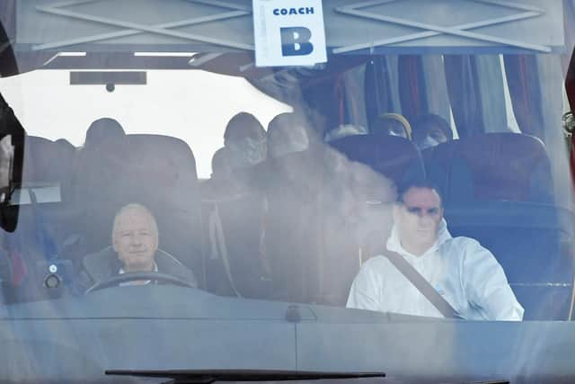 British Diamond Princess evacuees depart from Boscombe Down airfield following a repatriation flight from Tokyo picture: GettyImages