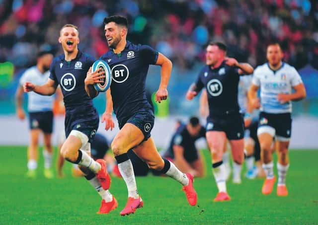 Adam Hastings runs in Scotland's third try in Rome. Now Gregor Townsend's side must take the momentum into the France and Wales game. Picture: Dan Mullan/Getty Images