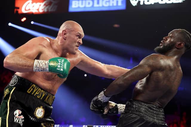 Tyson Fury takes the attack to Deontay Wilder in Las Vegas. Picture: Al Bello/Getty Images