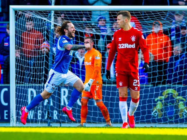 Stevie May celebrates his equaliser for St Johnstone against Rangers. Picture: Alan Harvey / SNS