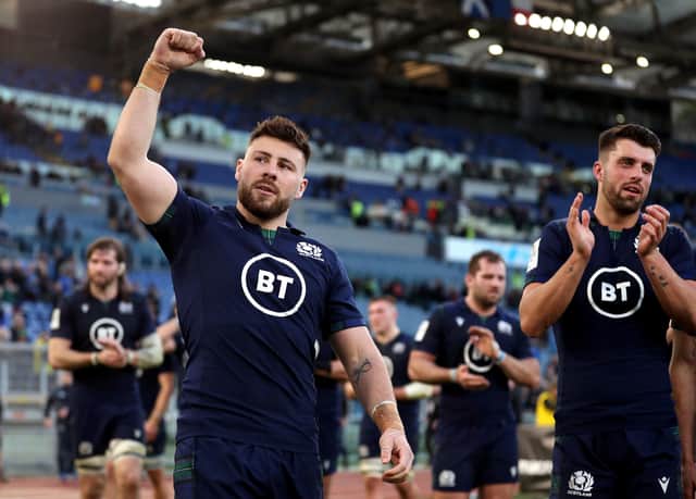 Ali Price salutes the Scotland supporters in Rome after the 17-0 victory over hosts Italy. Picture: Andrew Matthews/PA