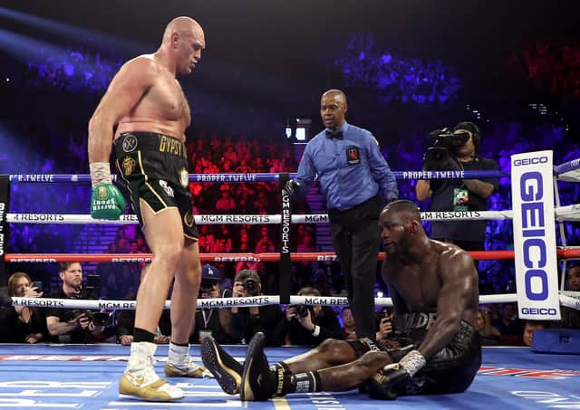 Tyson Fury floors Deontay Wilder in the fifth round on the way to his WBC heavyweight victory in Las Vegas at the weekend. Pictyre: Al Bello/Getty Images
