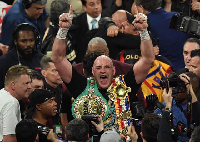 Tyson Fury celebrates his resounding Las Vegas win over Denotay Wilder. Picture: Mark Ralston/AFP via Getty Images