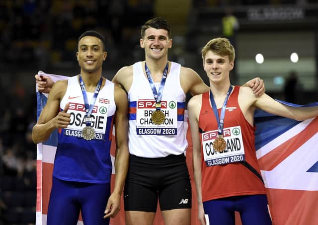 Gold medallist Guy Learmonth with Andrew Osagie (silver), left, and Piers Copeland (bronze). Picture: PA.