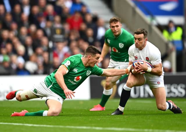 George Ford crosses the line to score England’s first try in their 24-12 victory over Ireland. Picture: Getty.