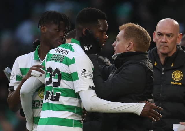 Celtic manager Neil Lennon with Odsonne Edouard. Picture: Andrew Milligan/PA Wire