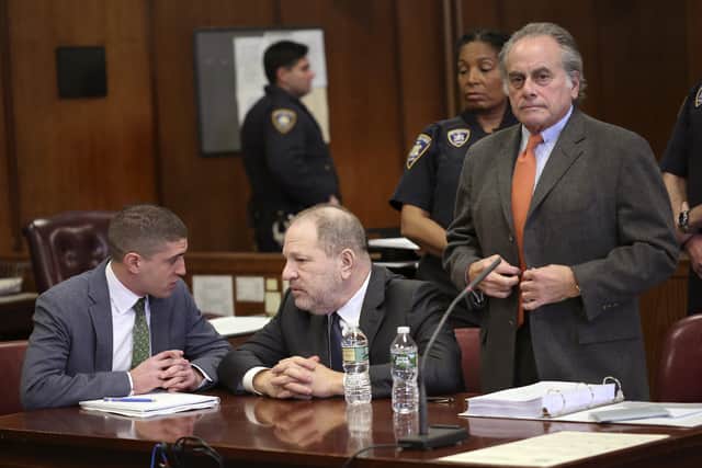Harvey Weinstein, center, and his attorney Ben Brafman, right, make an appearance in court at New York Supreme Court. Picture: Alec Tabak/The Daily News via AP, Pool