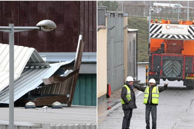 Gale force gusts tore a sheet of metal weighing more than 50 tonnes off the top of the Livingston Sheriff Court complex at the weekend  picture: supplied