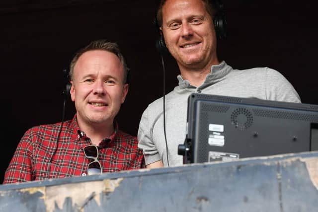 Michael Stewart, right, working for BBC Scotland alongside commentator Liam McLeod. Picture: SNS