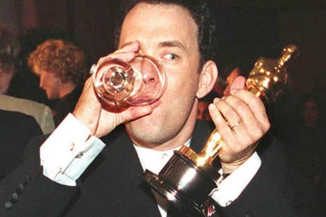 Tom Hanks celebrates his Best Actor for Forrest Gump in 1994. Picture: Getty Images