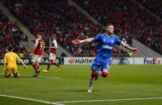 Ryan Kent celebrates after scoring Rangers' winner against Braga.