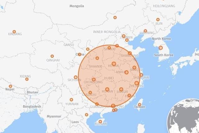 From Hubei in China, the virus has now spread throuhout Asia and beyond. Picture: Map produced by HERE Technologies using data from the Center for Systems Science and Engineering at John Hopkins University